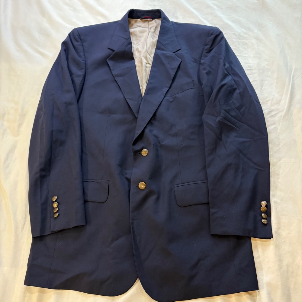 Club Room Navy Blue Blazer‎ Gold Lion Crest Buttons 100% Pure Wool 42L